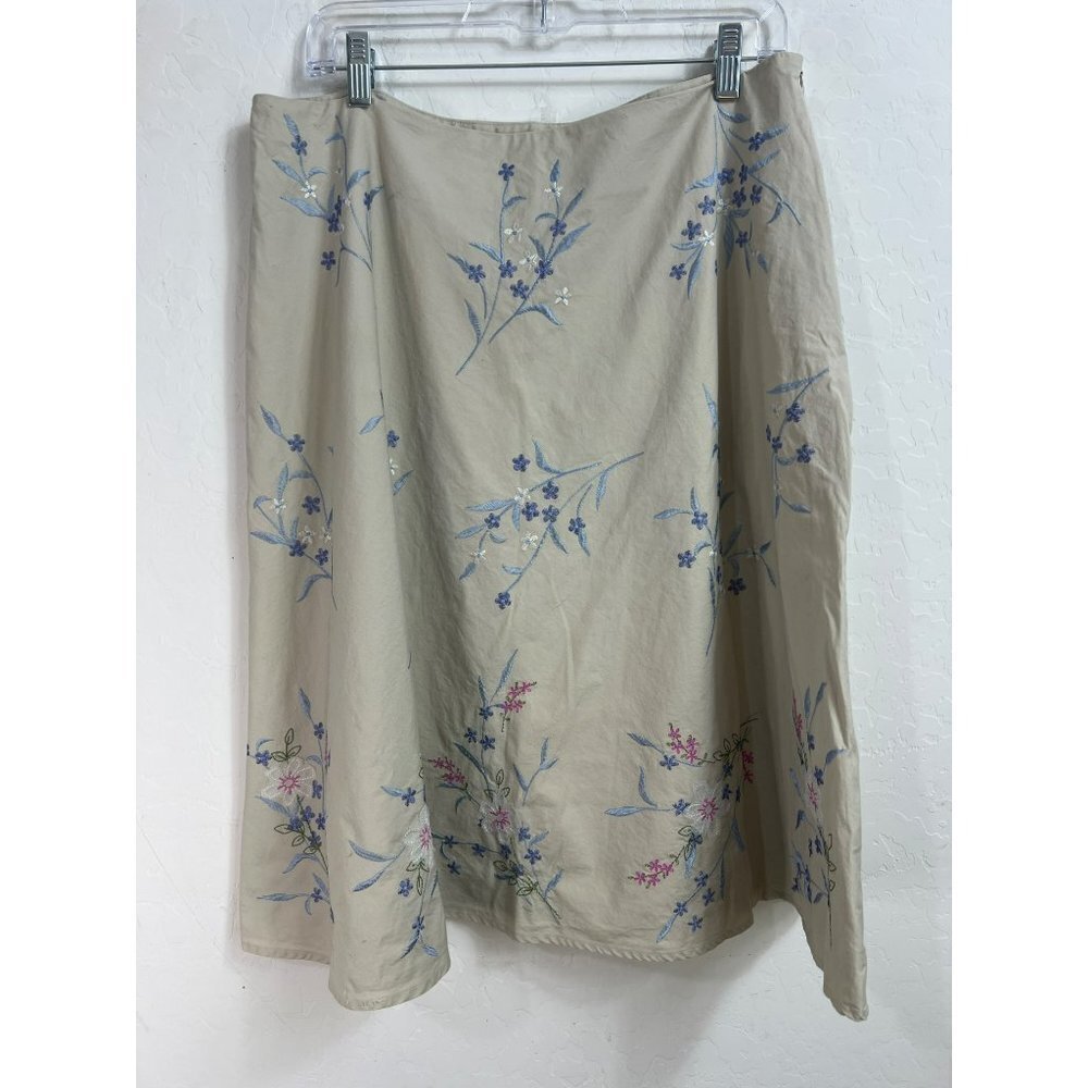 Covington 100% Cotton Beige Lined Midi Skirt Flare Sz 14 Embroidered Front and B